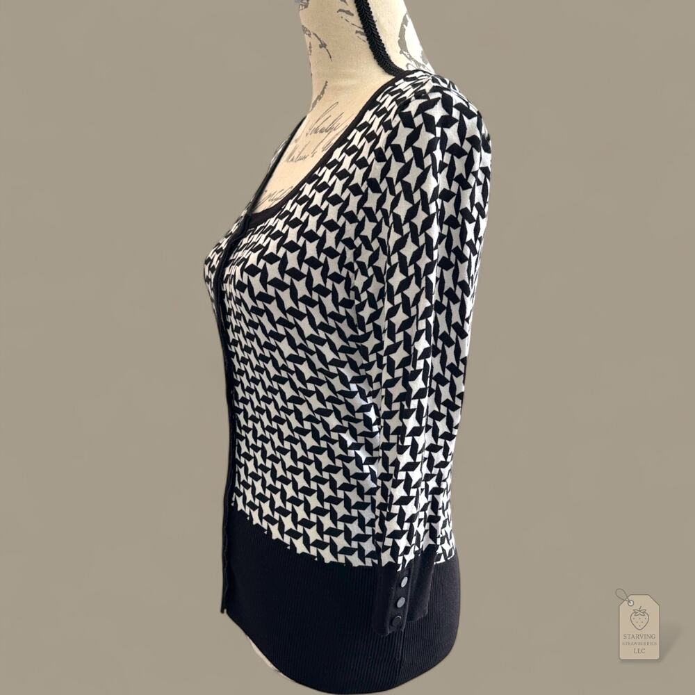 White House Black Market Sweater Small Black White Geometric Button Up - Picture 3 of 6